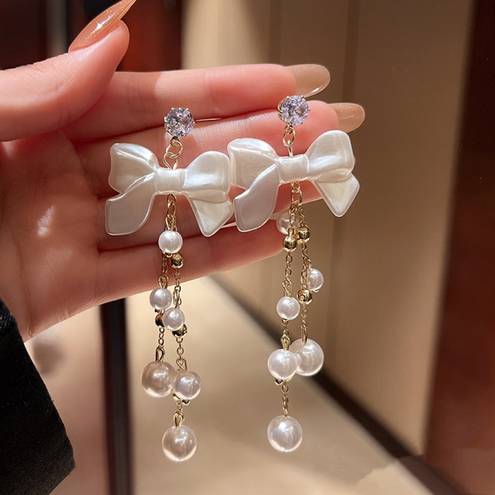 Elegant Bow White Pearl Dangle Drop Earrings for Women Gold