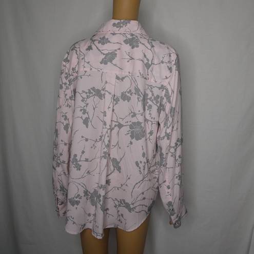 DKNY  Button Up Floral Blouse Dress Shirt Pink Long Sleeve Grey Tree Large