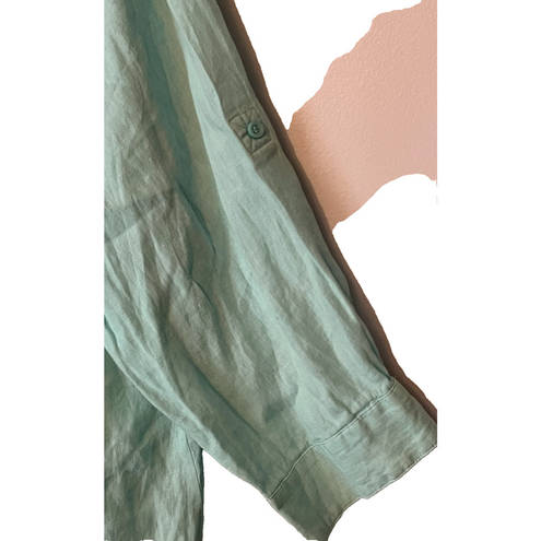 Coldwater Creek  Top Womens 2X Green Linen Button Front Collar 3/4 Roll TabSleeve