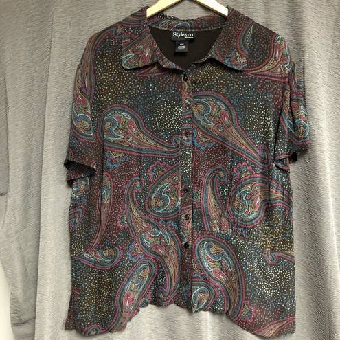 Style & Co , 22W button collared top, short sleeves, brown blue, maroon paisley