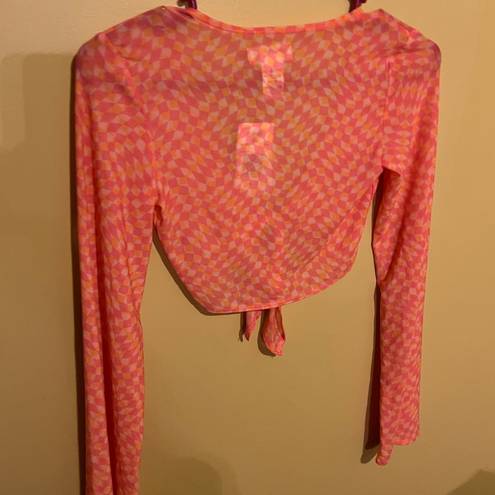 l*space L* Cover Up Bandera Top Sheer Mesh Tie Front Pink/Orange Size XS