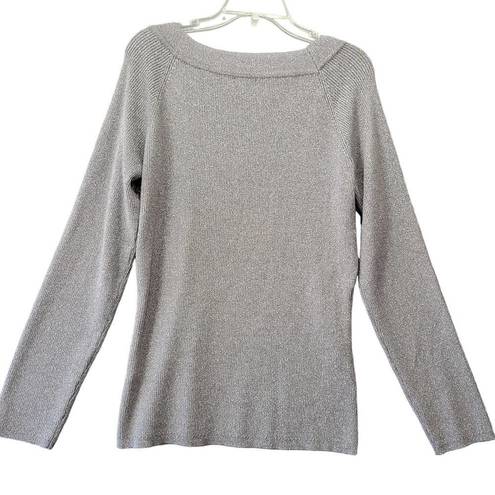 New York & Co. NY&C Women Sweater Size L Gray Glittery Silver Preppy Long Sleeve Metallic Knit