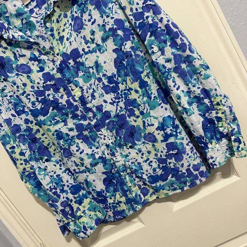 White Stag  Watercolor Long Sleeve Button Up Blouse Top Sz XL 16-18 Blue White