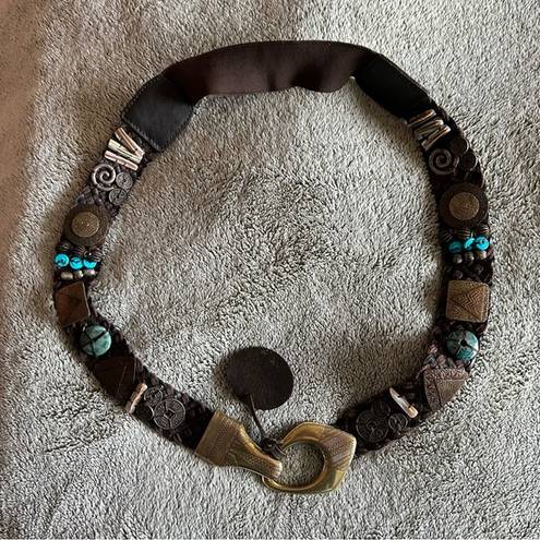 Chico's Genuine Leather Brown Braided Southwestern Turquoise Belt Size Large