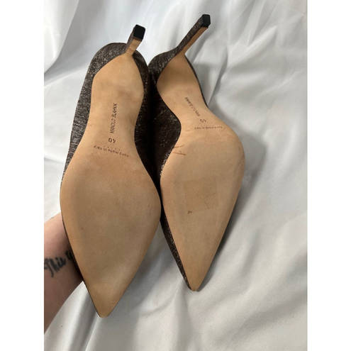 Manolo Blahnik  BB 105 Brown and Gold Glitter Pointed Toe Stiletto Heels Size 40