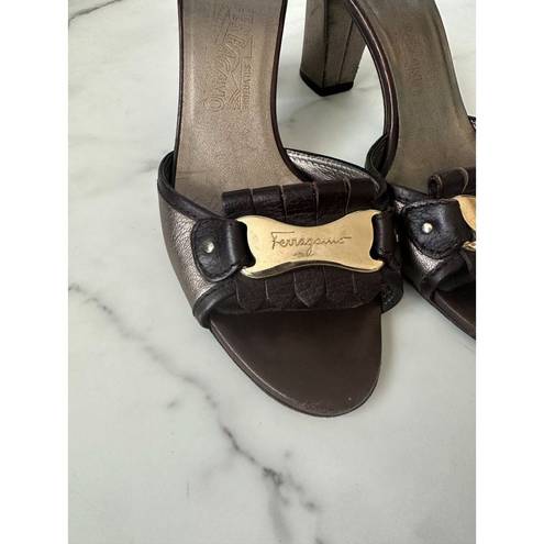 Salvatore Ferragamo  Brown Leather Logo Heels Sandals Size 8