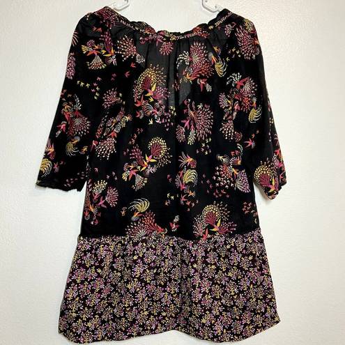 Anthropologie  Lilka Tunic Dress V-Neck 3/4 Sleeve Floral Bird Print XS Black