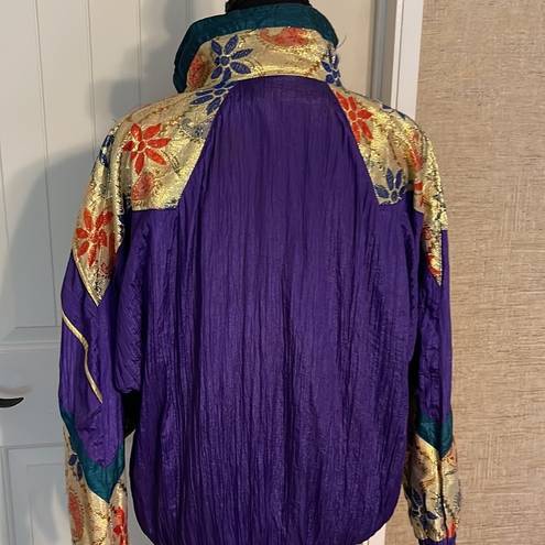 VINTAGE Katana Metallic Gold Purple Floral Jacket 80s Size Medium Windbreaker