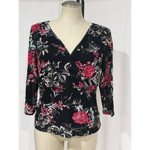 Emma James  Petite Women's Black Floral V-neck 3/4 Sleeve Stretch Top Size XL