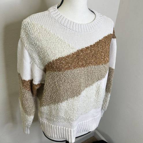 Lou & grey  Loft Colorblock Textured Coastal Crewneck Sweater Medium White/Tan