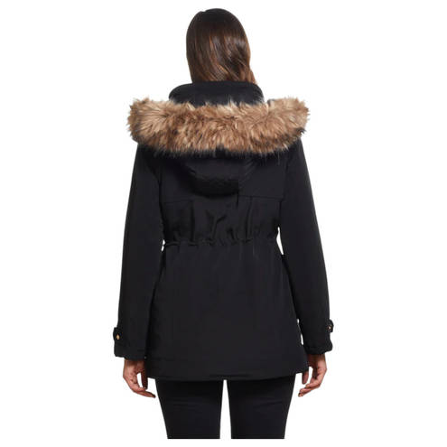 Gallery NWT  Faux Fur Trim Hoodie Soccer Mom Polyfill Jacket Coat Black S