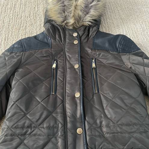 BCBGeneration  Dark Olive Quilted Winter Coat with Furry Hood