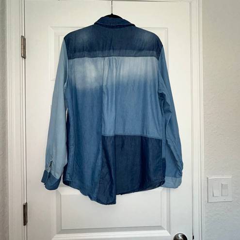 Pilcro Anthropologie Color Block Chambray Denim Long Sleeves Button Front Shirt Top