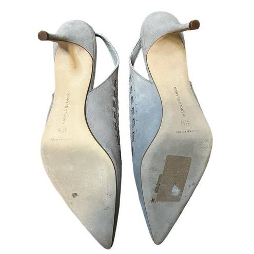 Manolo Blahnik  Heels Gray Scalloped Suede Kitten Slingback Pump Shoes EU 41 1/2