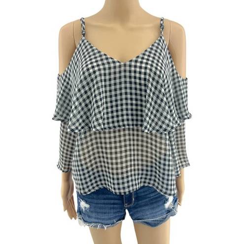 Ten Sixty Sherman  (L) Black White Sheer Gingham Plaid Cold Shoulder Top