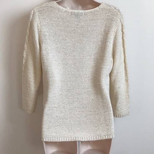 August Silk  off white & gold 3/4 sleeve v neck sweater knit pullover large