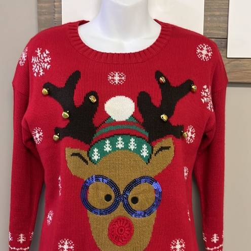 United States Sweaters United States Sweater Red Christmas Crewneck Sweater with Reindeer & Bells-Small