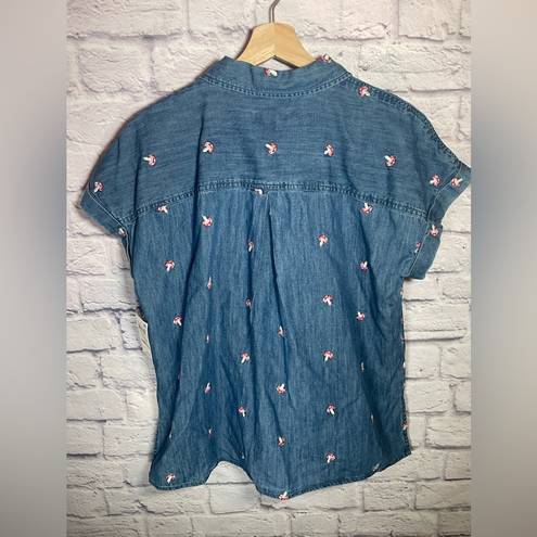 Style & Co  Denim Shirt Sz L Button Down Slits Embroidered Mushrooms Novelty Fun‎