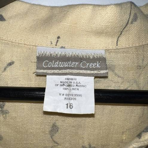 Coldwater Creek  Womens Linen Button Tunic Shirt Size 16 Yellow Gray Floral L/S