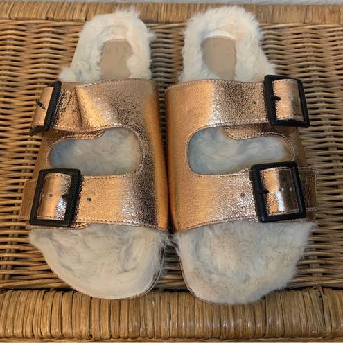 mix no. 6  Faux Fur Lined Rose Gold Birkenstock Sandal Slides Size 7.5