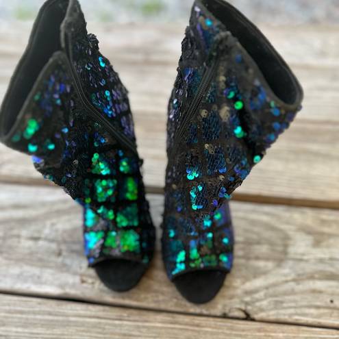 Charlotte Russe  Shauna Bling Bling Green/Blue Sequin Peep Toe Boot/Booties SZ 7