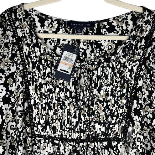 Tommy Hilfiger  Floral Pintuck Popover Top Women's Plus Size 2X Black Tan S/S NEW