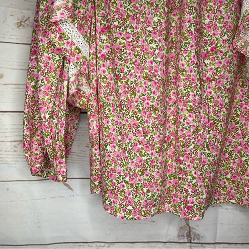 Who What Wear  • Blouse • 3/4 Sleeves • White Pink Green • Lace • Floral • M