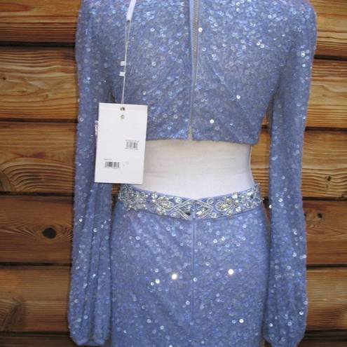 Mac Duggal NWT  Gorgeous Sequined Faux Wrap Cut Out Puff Sleeve Gown Dress