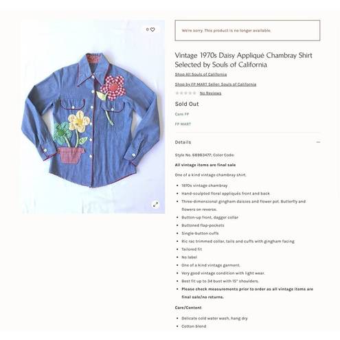 Daisy Vintage Size 10 70s  Appliqué Chambray Shirt Embroidered 3D Flowers Button