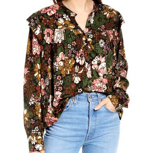 Treasure & Bond  Floral Print Flower Ruffle Frill Trim Button Long Sleeve Shirt