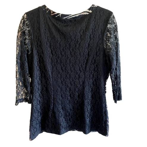 Mango Tango  Black Patterned 3/4 Sleeve Lace Back Sheer Sleeves Blouse Size L