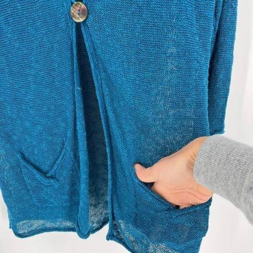 Coldwater Creek  Women's Slub Knit Linen Blend Long Cardigan Blue Green Medium