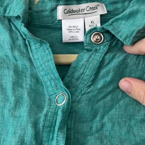 Coldwater Creek  Teal Green Button down linen blouse size XL