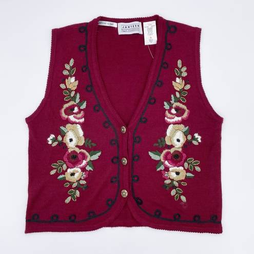 Jantzen Vintage  Classics Women's Floral Embroidered Sweater Vest Maroon Red NWT