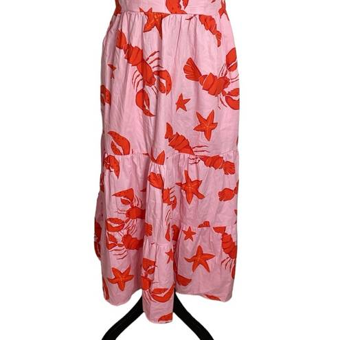 J.Crew  factory Squareneck tiered starfish and lobster print midi dress pink sz 4