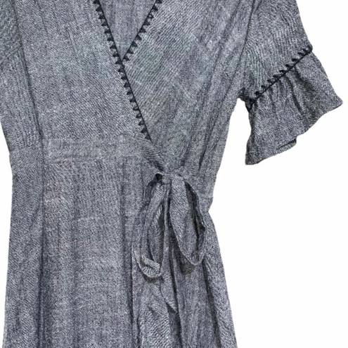 Moon River Heather Gray Blanket Stitch Linen Blend Ruffle Wrap Mini Dress