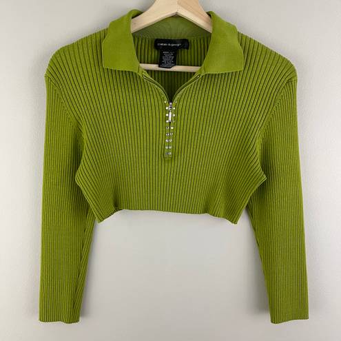 Cable and Gauge  Y2K 90’s Vibes Green Ribbed Rhinestone Half Zip Cropped Sweater