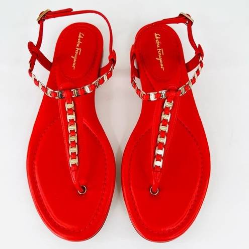 Salvatore Ferragamo  Tahiti Embellished Coral Leather Thong Logo Flat Sandals 7.5