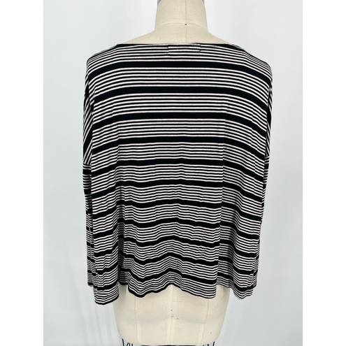 The Comfy  USA Boxy T-Shirt Sz S Black White Striped Long Sleeve Side Slit Lagenlook