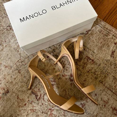 Manolo Blahnik Chaos Nude Patent Leather Heel Sandals— Size 8.5/38.5