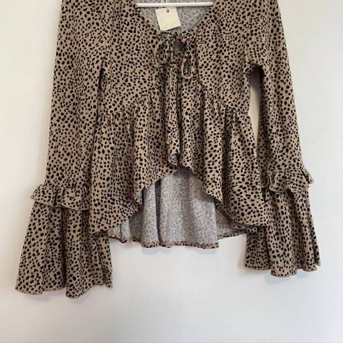 Peach Love California NEW NWT  Tan Brown Black Dotted Long Bell Sleeve Blouse S