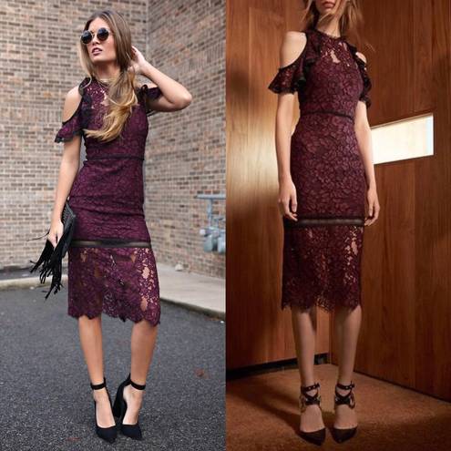 Alexis Evie women’s burgundy cold shoulder lace midi sheath dress size S small