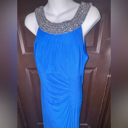 Scarlett  Blue Gown with jeweled neckline rutched back size 10