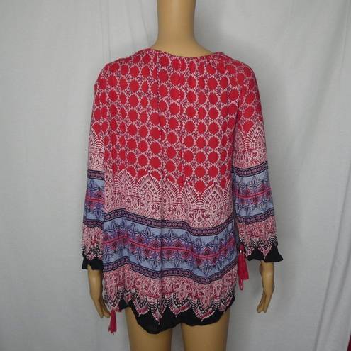 Angie  Boho Tunic Top Ties 3/4 Sleeve Blouse Red Lg