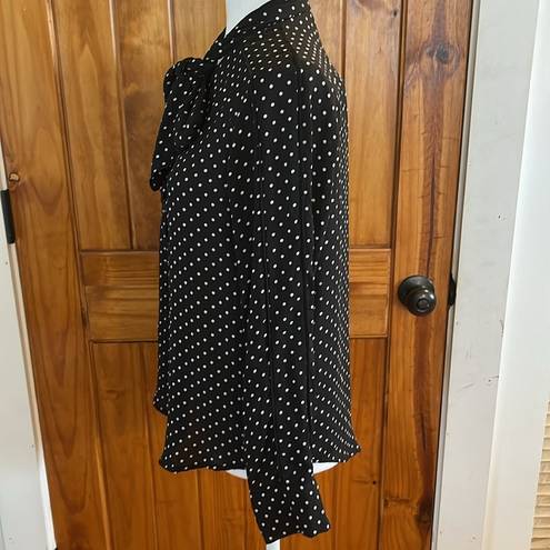 Who What Wear  Black White Polkadot Long Sleeve Top neck tie Bow Medium Button Up