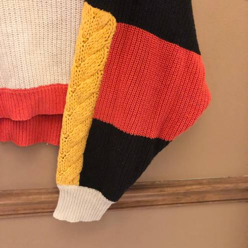 Moon & Madison Chunky Cable Color Block Cropped Sweater Black Yellow Cream M