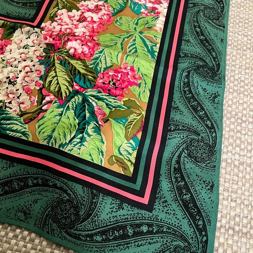 Oscar de la Renta  Vintage Square Silk Scarf Pink Floral Green Retro Designer