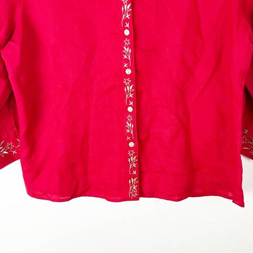 Relativity  100% Linen 3/4 Sleeves Red Button Gold Embroidery Trim Top, Large