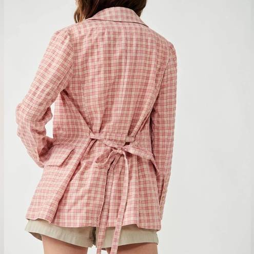 Free People  Pink Cream Long Sleeve Button Waist Tie Olivia Gingham Blazer M