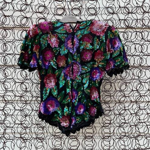 Laurence Kazar Vintage 80s  New York floral sequin silk blouse silk pink green PS